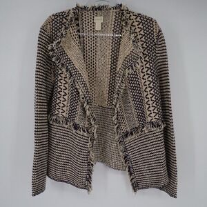 Chico's Open Front Tweed Blazer Women Cotton Blend Fringe Hem Size 1 Navy Cream